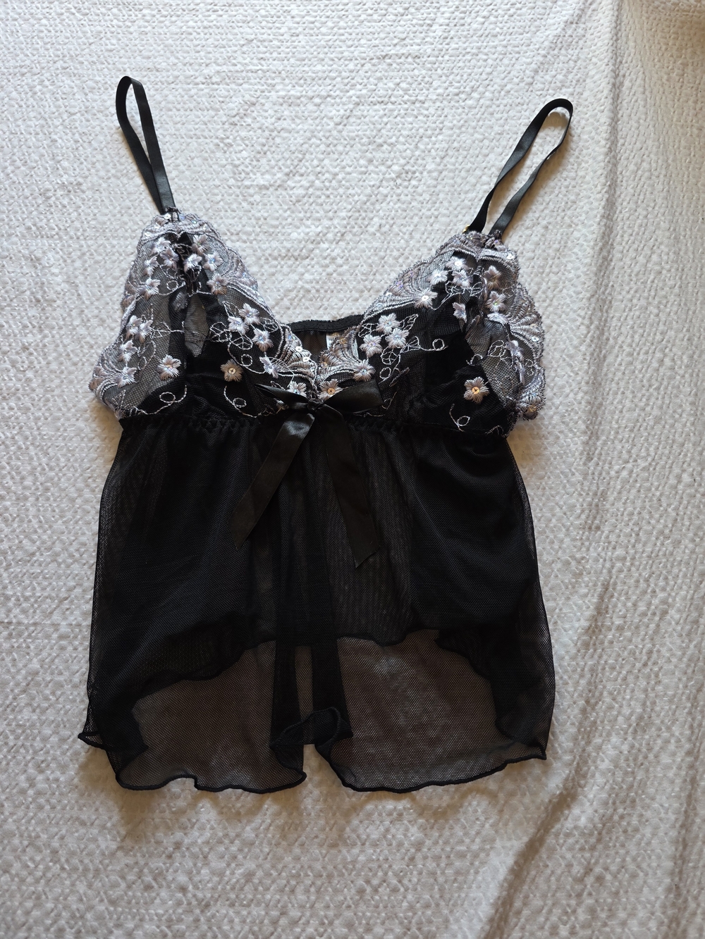 Black Sheer Lace Embroidered Babydoll Chemise Xl